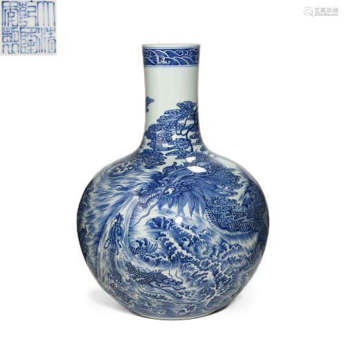 CHINESE GREAT QING QIANLONG YEAR BLUE AND WHITE DRAGON PATTE...