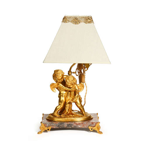 FRENCH 19TH CENTURY MARBLE BRONZE GILDED ANGEL TABLE LAMP