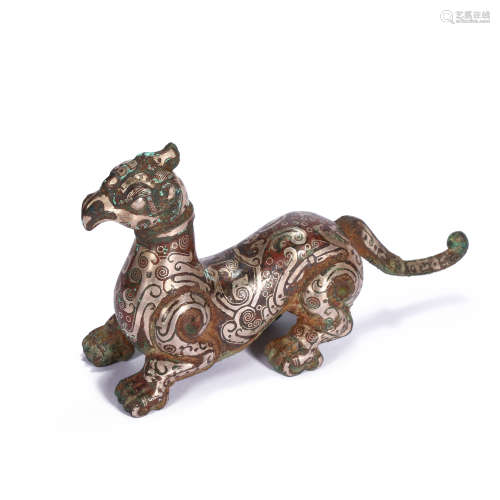 CHINESE BRONZE INLAID WITH SILVER GOD BEAST, WARRING STATES