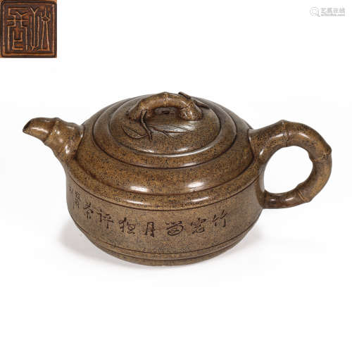 CHINESE BAMBOO KNOT BUTTON PURPLE SAND POT, QING DYNASTY