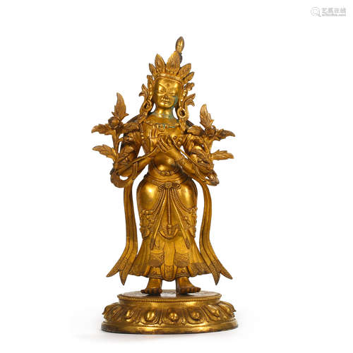 CHINESE BRONZE GILDED GUANYIN BODHISATTVA STATUE, MING DYNAS...