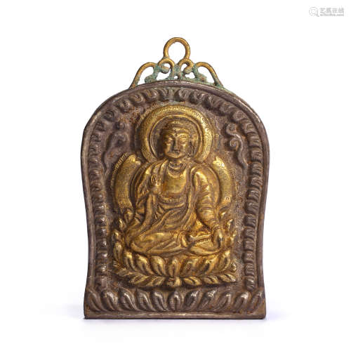 CHINESE TIBET STERLING SILVER GILDED BUDDHA STATUE BRAND, QI...