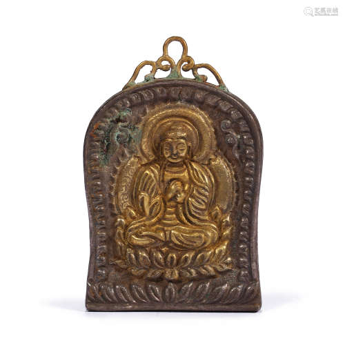 CHINESE TIBET STERLING SILVER GILT CARVED BUDDHA STATUE INSC...