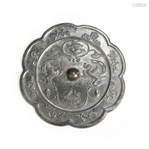 CHINESE BRONZE MIRROR WITH DOUBLE MANDARIN DUCK AND LOTUS PA...