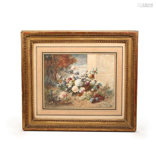 FRENCH 19TH CENTURY STILL LIFE FLOWER WATERCOLOR PAINTING