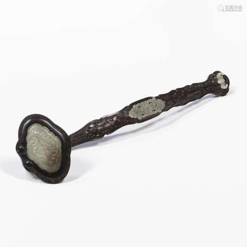 Carved Rosewood and Jade-inlaid Ruyi Scepter