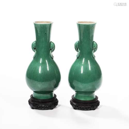Pair of Apple Green-gazed Footed Vases