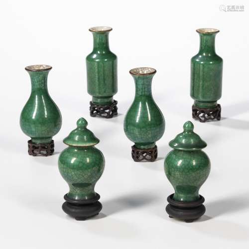 Three Pairs of Miniature Apple Green Crackle-glazed Vases