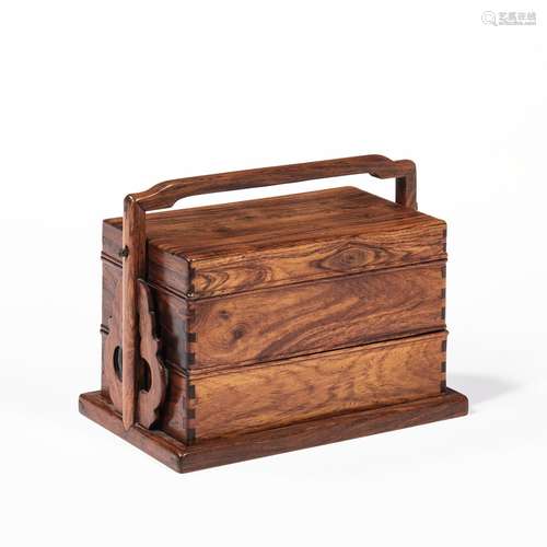 Small Huanghuali/Boxwood Two-tiered Handled Box and Cover