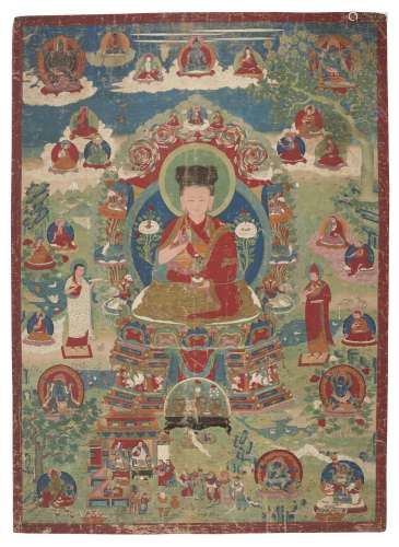 A LARGE PAINTING OF A TIBETAN LAMA