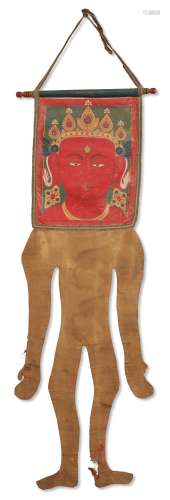 A DOUBLE-SIDED PAINTED FIGURAL FORM HANGING CLOTH