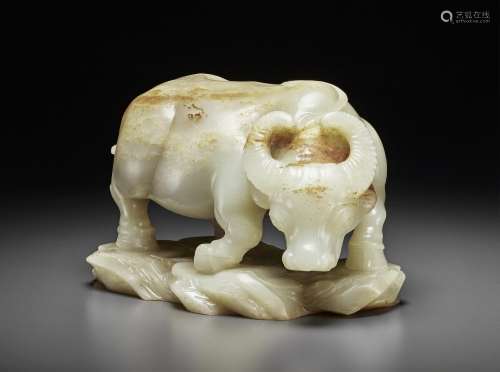 A WELL-CARVED GREYISH-WHITE JADE WATER BUFFALO-FORM WATERPOT