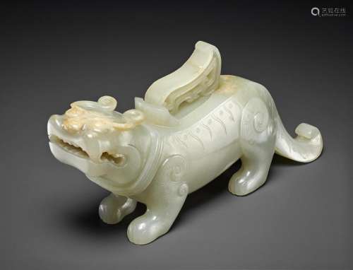 A PALE GREYISH-WHITE JADE FELINE-FORM VESSEL AND COVER