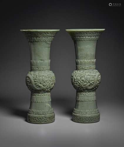 A RARE AND SUPERB PAIR OF FINELY CARVED GREEN JADE GU -FORM ...