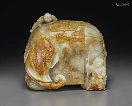 A MOTTLED GREYISH-WHITE AND RUSSET JADE 'ELEPHANT AND BO...