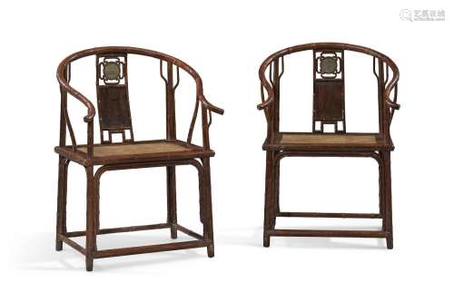 A PAIR OF GREEN-MARBLE-INSET TIELIMU HORSESHOE-BACK ARMCHAIR...