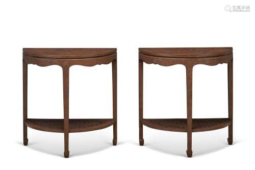 A PAIR OF POLYCHROME BROWN LACQUER DEMI-LUNE TABLES
