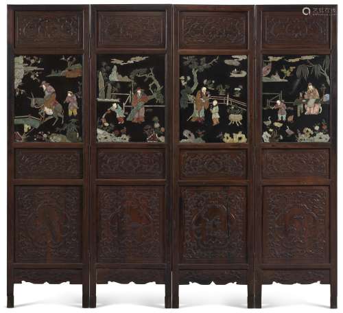 A JADE AND HARDSTONE-INLAID ZITAN FOUR PANEL SCREEN