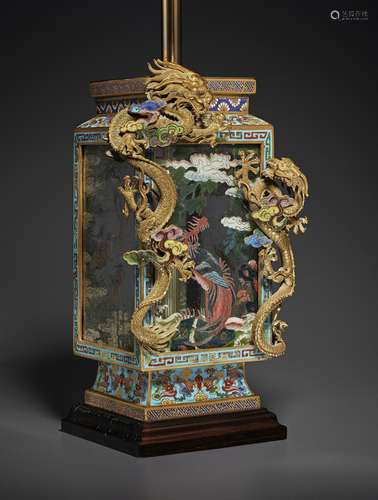 A CLOISONNÉ ENAMEL LANTERN MOUNTED AS LAMP