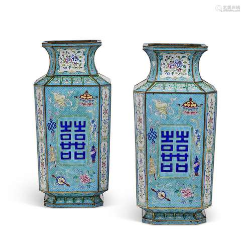 A PAIR OF LARGE PAINTED ENAMEL VASES