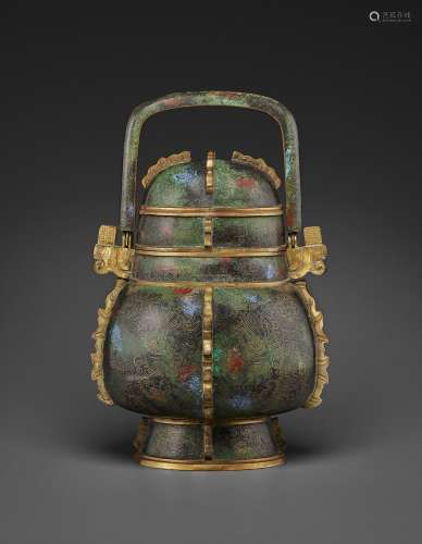 A VERY RARE CLOISONNÉ ENAMEL ARCHAISTIC YOU -FORM VESSEL AND...