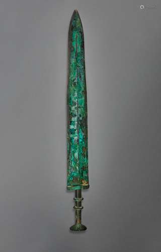 A RARE GOLD AND TURQUOISE-INLAID BRONZE SWORD