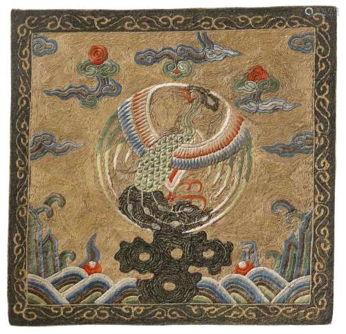 A RARE AND FINELY EMBROIDERED GOLD-GROUND RANK BADGE OF A PE...