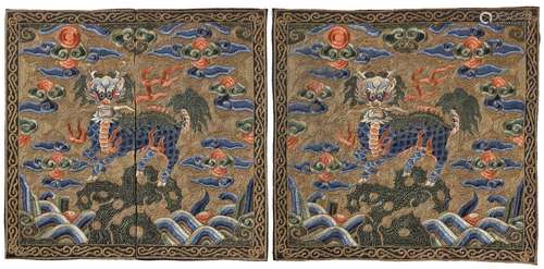 A RARE PAIR OF EMBROIDERED GOLD-GROUND RANK BADGES OF QILIN ...