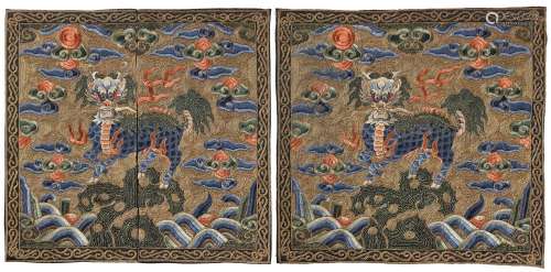 A RARE PAIR OF EMBROIDERED GOLD-GROUND RANK BADGES OF QILIN ...