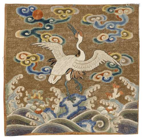 A FINELY EMBROIDERED GOLD-GROUND RANK BADGE OF A CRANE, BUZI