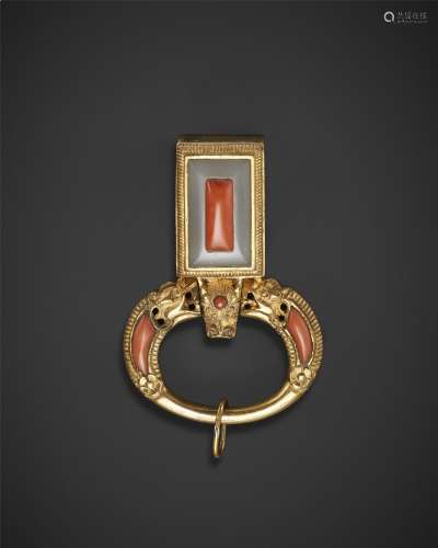 A JADE AND CORAL-INSET GILT-BRONZE BELT SLIDE FOR A FIRST RA...