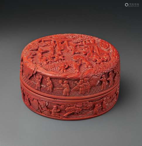 A RARE AND FINELY CARVED RED LACQUER 'HUNDRED BOYS’ CIRC...