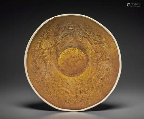 A VERY RARE MOLDED DING-TYPE GOLDEN-BROWN-GLAZED BOWL