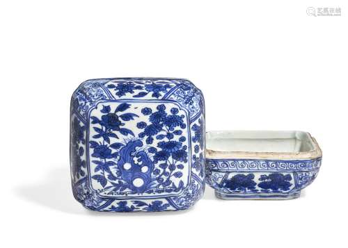 A BLUE AND WHITE CUSHION-FORM BOX AND COVER