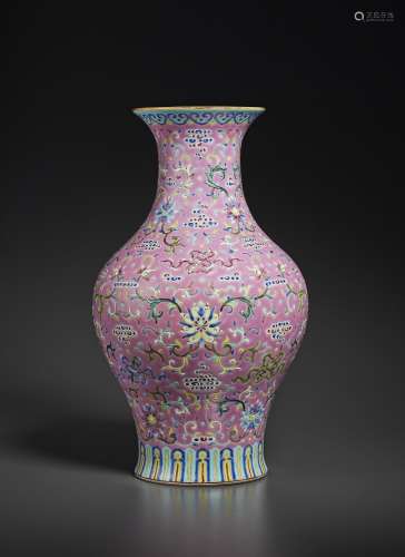 A FAMILLE ROSE PINK-GROUND 'EIGHT EMBLEMS' VASE