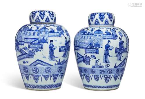 A PAIR OF BLUE AND WHITE OVOID JARS AND COVERS