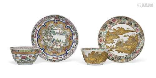 TWO FAMILLE ROSE AND GILT TEABOWLS AND SAUCERS WITH LANDSCAP...