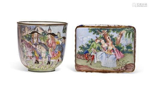 A PAINTED ENAMEL 'EUROPEAN-SUBJECT’ CUP AND A SNUFF BOX ...
