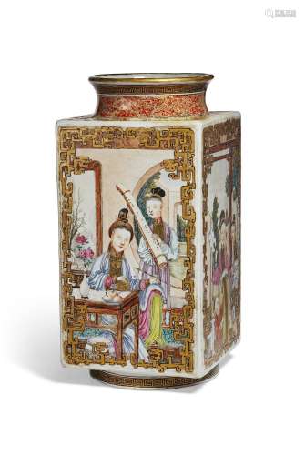 A RARE AND FINELY DECORATED FAMILLE ROSE CONG -FORM VASE WIT...