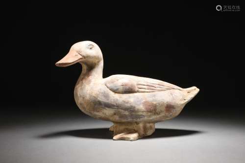 TANG DYNASTY PAINTED POTTERY DUCK STATUE
