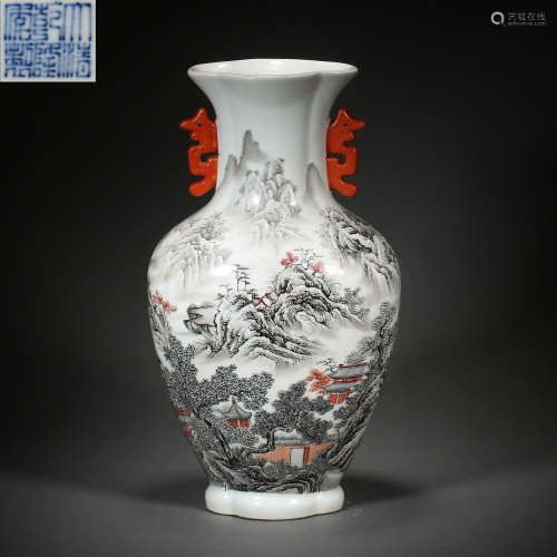 CHINESE QING DYNASTY INK-COLORED LANDSCAPE DOUBLE-EARED STAT...