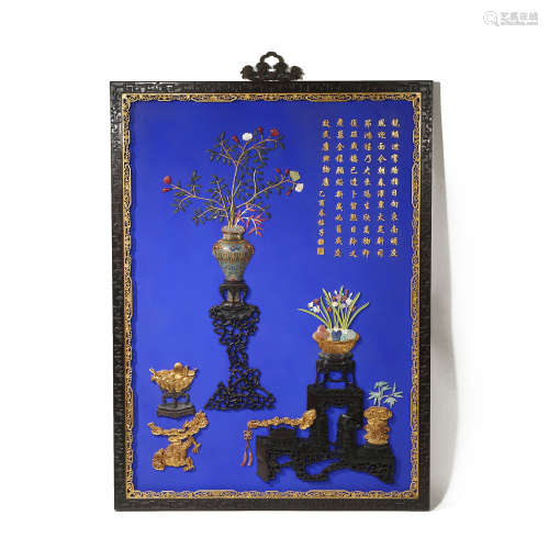 QING DYNASTY RED SANDALWOOD CLOISONNE POETRY HANGING SCREEN