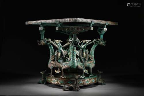 HAN DYNASTY TABLE INLAID DRAGON AND PHOENIX WITH GOLD, SILVE...