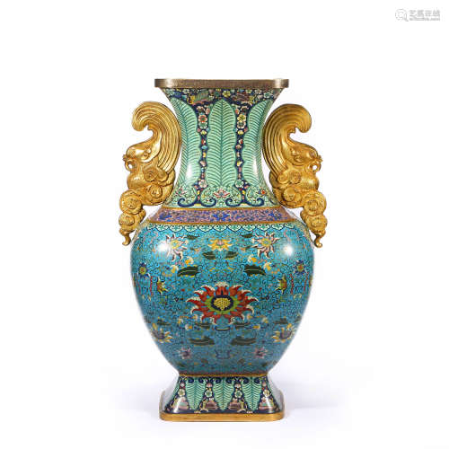 QING DYNASTY CLOISONNE FLORAL DOUBLE-EARED ZUN