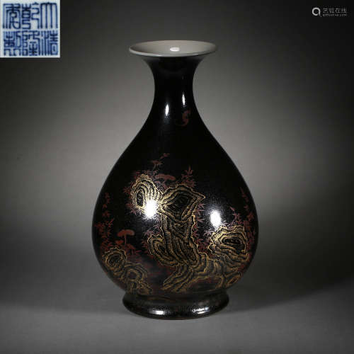 CHINESE QING DYNASTY BLUE GLAZE PAINTED GOLD YU HU CHUN VASE