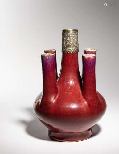 A Silver Mounted Flambé Glazed Porcelain Tulip Vase