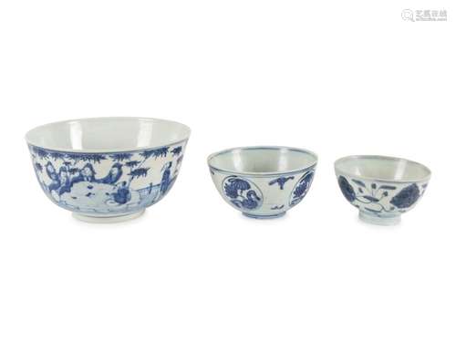 Three Blue and White Porcelain Bowls