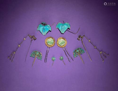 Five Pairs of Kingfisher Feather and Jadeite Embellished Hai...