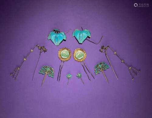 Five Pairs of Kingfisher Feather and Jadeite Embellished Hai...