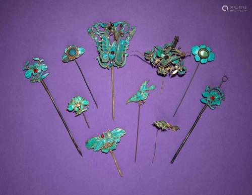 Ten Kingfisher Feather Hairpins